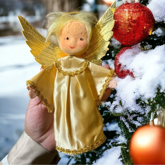 Vintage Christmas Angel Ornaments Cardboard Plastic Felt Body and Face Gold 7.5” - Picture 1 of 6